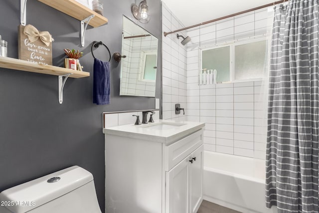 3038 E Avalon Dr, Phoenix, AZ 85016 - bathroom featuring shower / bathtub combination with curtain, vanity, and toilet