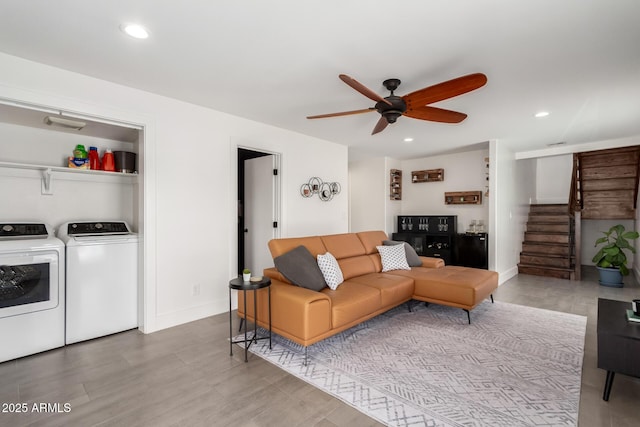 3038 E Avalon Dr, Phoenix, AZ 85016 - living area with washer and dryer, a ceiling fan, stairs, wood finished floors, and recessed lighting