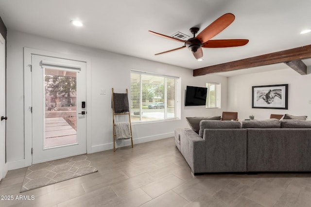 3038 E Avalon Dr, Phoenix, AZ 85016 - living room with ceiling fan, beamed ceiling, recessed lighting, baseboards, and light tile patterned flooring