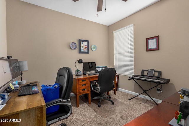 carpeted office with ceiling fan