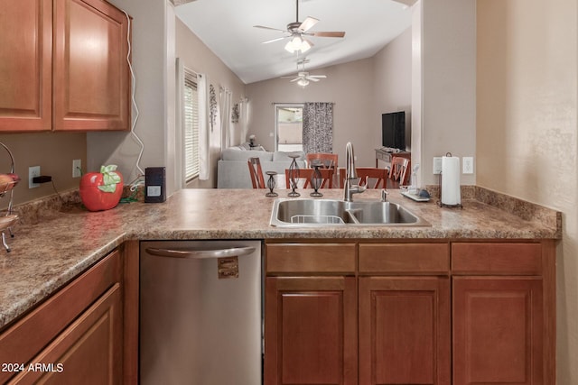 kitchen with lofted ceiling, sink, ceiling fan, stainless steel dishwasher, and kitchen peninsula