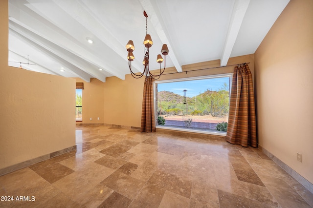 unfurnished dining area with vaulted ceiling with beams and ceiling fan with notable chandelier