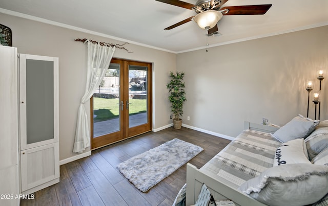 living room featuring french doors, ceiling fan, ornamental molding, and dark hardwood / wood-style flooring