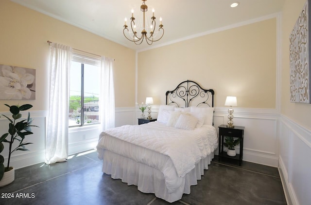 bedroom featuring crown molding and a notable chandelier