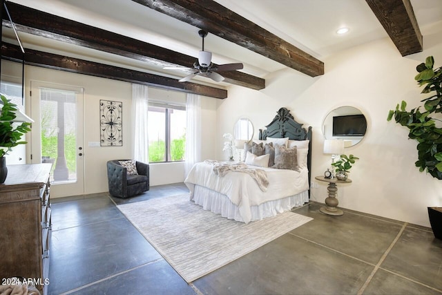 bedroom with beamed ceiling and ceiling fan