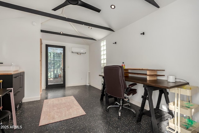 home office with ceiling fan, plenty of natural light, vaulted ceiling with beams, and a wall unit AC