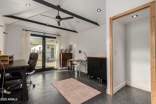 office with lofted ceiling with beams, french doors, and ceiling fan