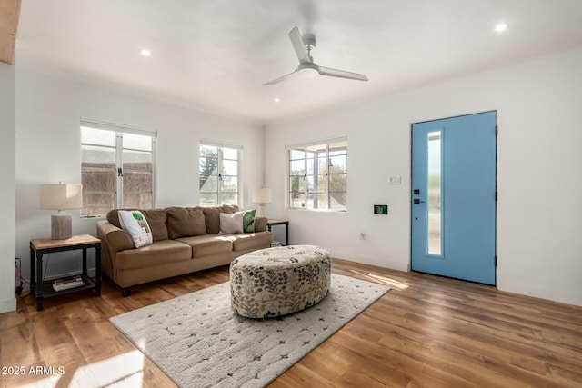 living room with hardwood / wood-style floors and ceiling fan