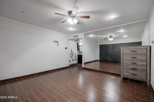 1551 E Glencove St, Mesa, AZ 85203 - unfurnished living room featuring a ceiling fan, ornamental molding, dark wood-style flooring, and recessed lighting