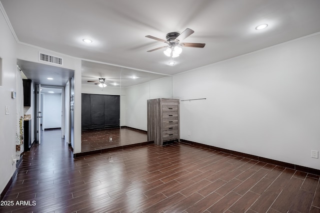 1551 E Glencove St, Mesa, AZ 85203 - empty room featuring ceiling fan, ornamental molding, dark wood-style flooring, and recessed lighting
