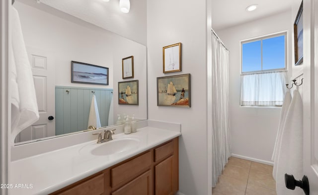 10224 E Talameer Ave, Mesa, AZ 85212 - full bath featuring vanity, tile patterned floors, baseboards, and a shower with curtain