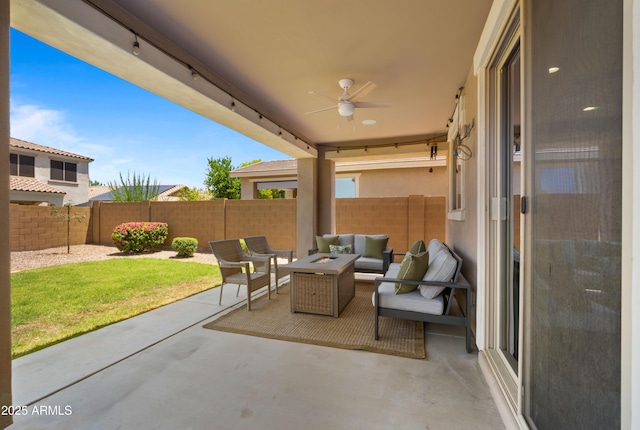 10224 E Talameer Ave, Mesa, AZ 85212 - view of patio with an outdoor living space with a fire pit and ceiling fan