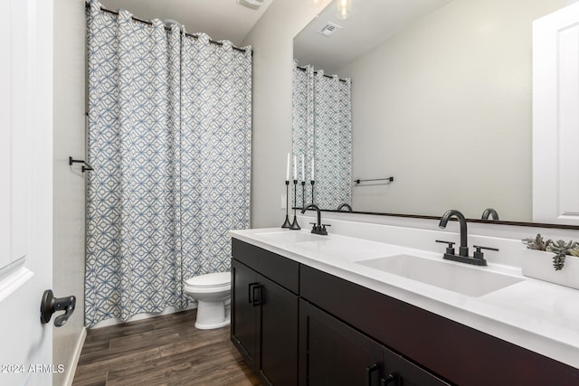 bathroom featuring toilet, vanity, and wood-type flooring