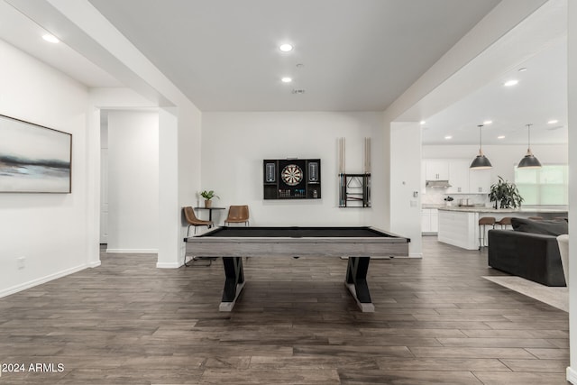 rec room with dark hardwood / wood-style floors and billiards