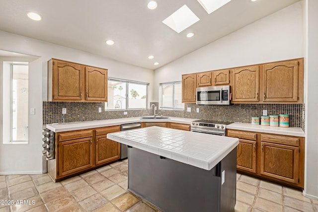 1146 W Sea Fog Dr, Gilbert, AZ 85233 - kitchen featuring appliances with stainless steel finishes, a skylight, vaulted ceiling, decorative backsplash, and a sink