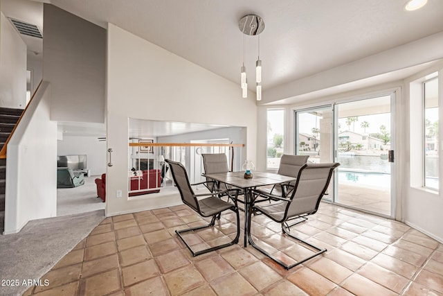 1146 W Sea Fog Dr, Gilbert, AZ 85233 - dining room with stairway, high vaulted ceiling, baseboards, and recessed lighting