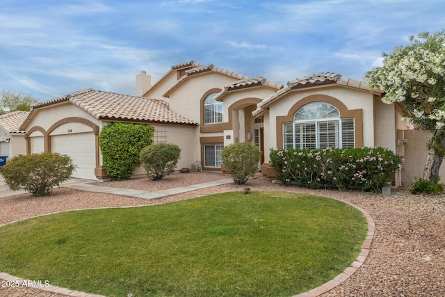1146 W Sea Fog Dr, Gilbert, AZ 85233 - mediterranean / spanish-style house with a garage, a tiled roof, stucco siding, a front lawn, and a chimney