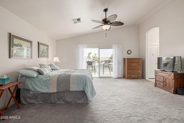 1146 W Sea Fog Dr, Gilbert, AZ 85233 - bedroom with access to outside, vaulted ceiling, light colored carpet, arched walkways, and a ceiling fan
