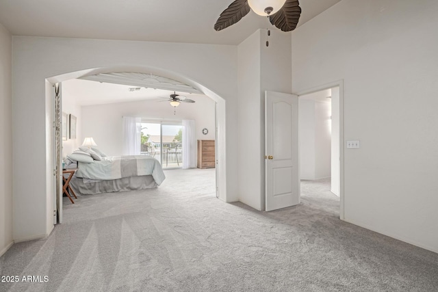1146 W Sea Fog Dr, Gilbert, AZ 85233 - bedroom featuring arched walkways, carpet, access to outside, and a ceiling fan