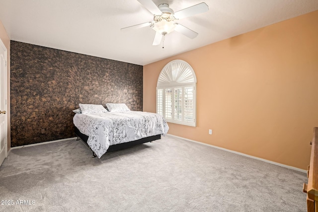 1146 W Sea Fog Dr, Gilbert, AZ 85233 - bedroom with baseboards, carpet flooring, a ceiling fan, and an accent wall
