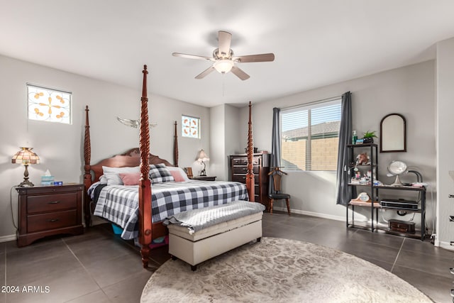 tiled bedroom with ceiling fan