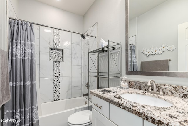 full bathroom featuring vanity, toilet, and shower / bathtub combination with curtain