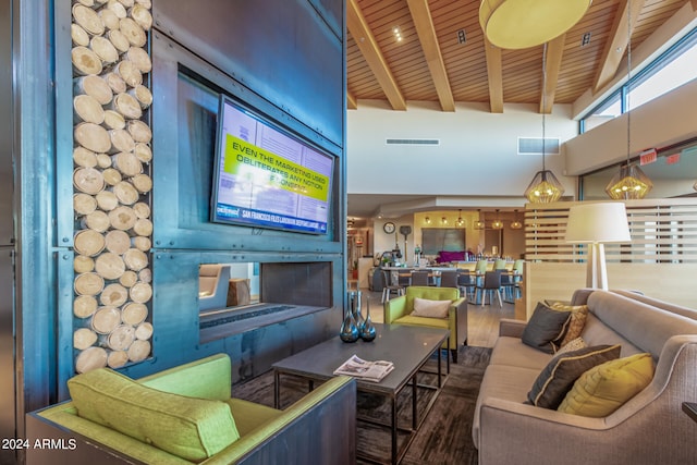 living room with beamed ceiling, wood ceiling, dark wood-type flooring, and high vaulted ceiling