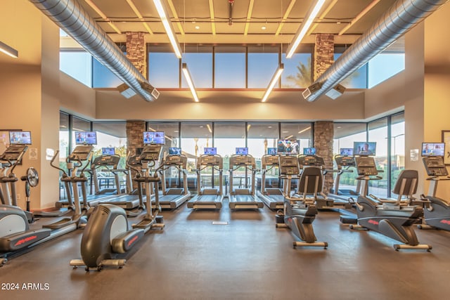 exercise room with plenty of natural light and ornate columns