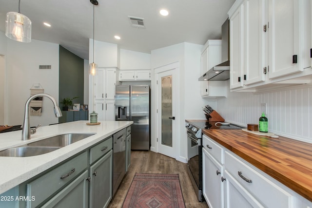 kitchen with white cabinetry, stainless steel appliances, and pendant lighting