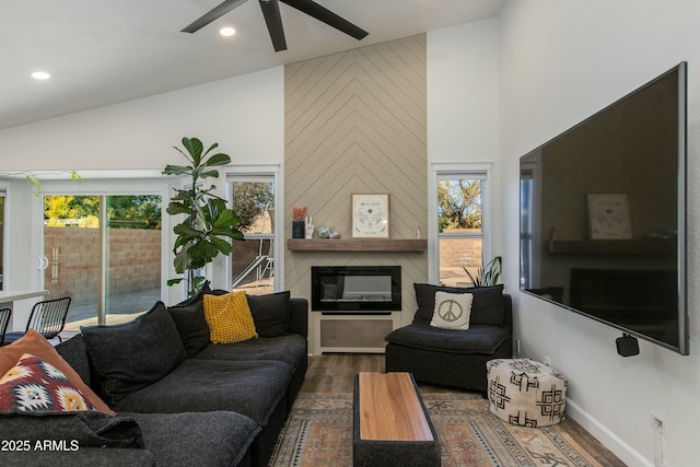 living room featuring high vaulted ceiling, dark hardwood / wood-style floors, and a healthy amount of sunlight