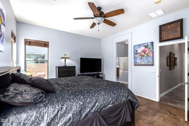4667 E County Down Dr, Chandler, AZ 85249 - bedroom featuring ceiling fan, stone finish floors, and connected bathroom
