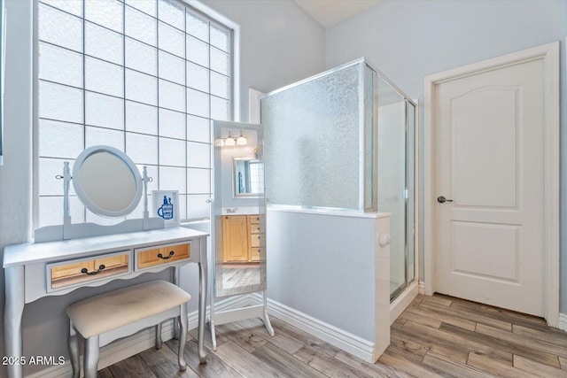 4667 E County Down Dr, Chandler, AZ 85249 - bathroom featuring a shower stall, wood finished floors, and vanity