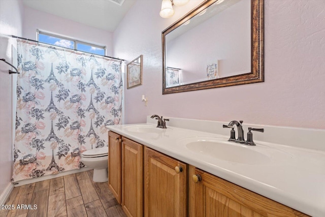 4667 E County Down Dr, Chandler, AZ 85249 - bathroom featuring double vanity, wood finished floors, and curtained shower