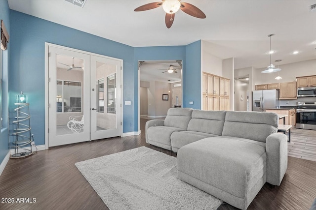 4667 E County Down Dr, Chandler, AZ 85249 - living room with ceiling fan, french doors, wood finished floors, and recessed lighting