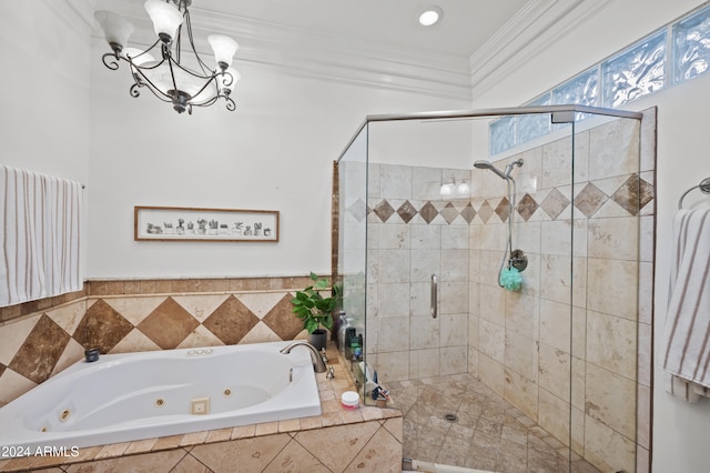 bathroom with independent shower and bath and ornamental molding