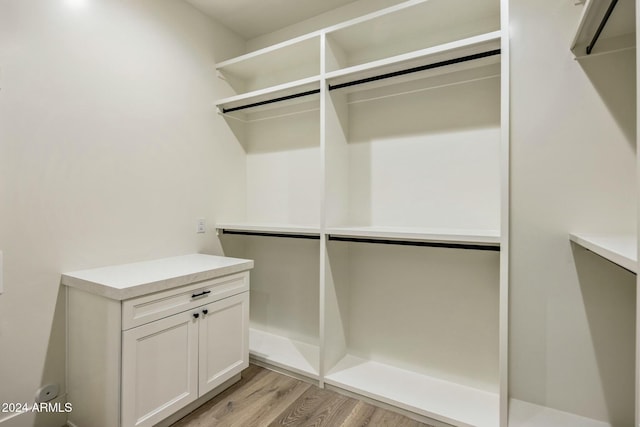 walk in closet with light hardwood / wood-style flooring