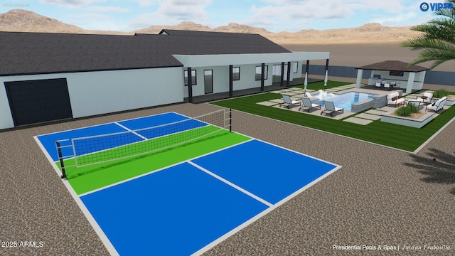 exterior space featuring tennis court and a mountain view