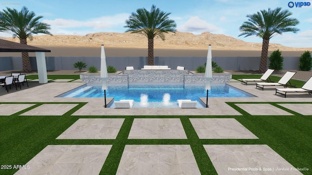 view of pool with a patio area, pool water feature, and a mountain view