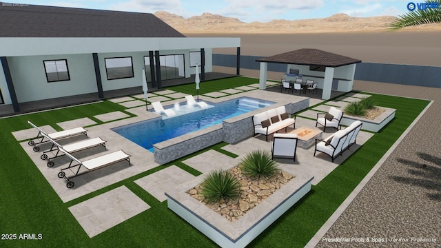 view of swimming pool with an outdoor living space, an outdoor bar, a patio area, a mountain view, and a hot tub