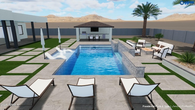 view of pool with pool water feature, a mountain view, a patio area, and an outdoor bar