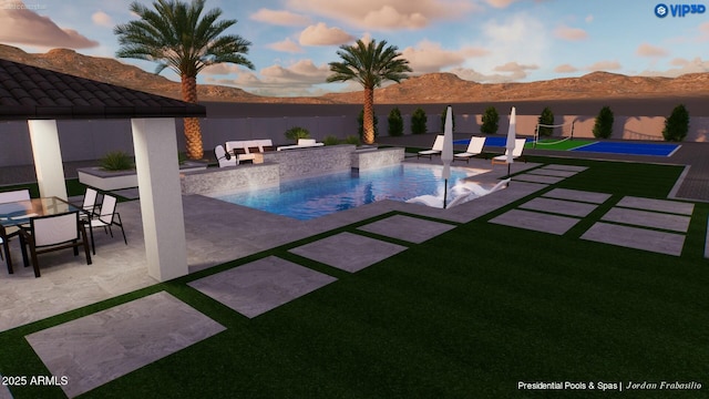 pool at dusk with a water and mountain view and a patio