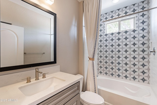 bathroom featuring vanity, shower / bath combination with curtain, and toilet