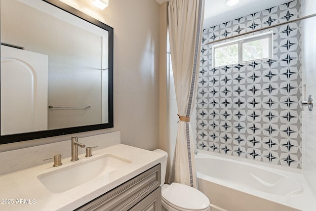 bathroom featuring shower / bathtub combination with curtain, toilet, and vanity