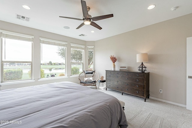 bedroom with visible vents, recessed lighting, baseboards, and carpet floors