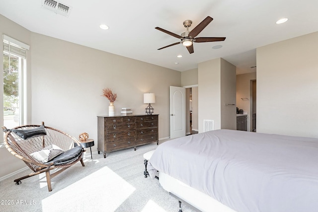 bedroom with recessed lighting, visible vents, carpet flooring, and baseboards