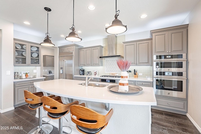 kitchen with dark wood finished floors, a sink, gray cabinetry, stainless steel appliances, and wall chimney exhaust hood