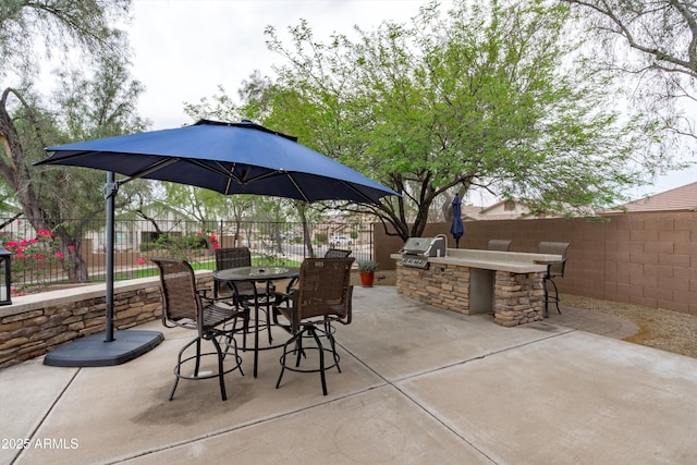 2221 W Calle De Las Estrella Way, Phoenix, AZ 85085 - fenced backyard featuring an outdoor kitchen, a patio, and outdoor dining area