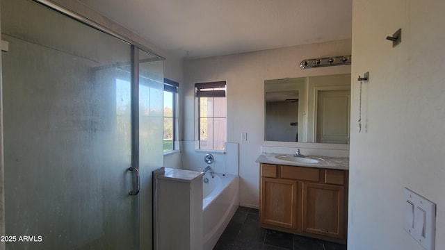 bathroom featuring vanity, shower with separate bathtub, and tile patterned floors