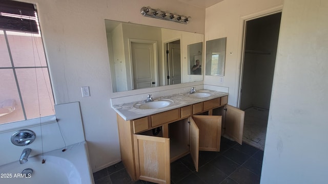 bathroom with vanity, shower / bathtub combination, and tile patterned floors