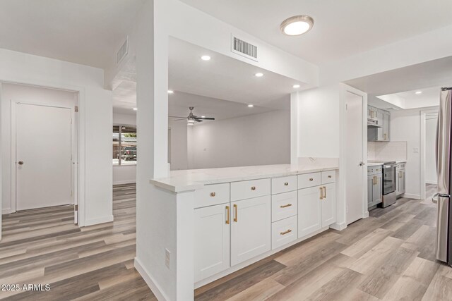 5721 W Palo Verde Ave, Glendale, AZ 85302 - kitchen featuring stainless steel appliances, light wood finished floors, recessed lighting, light stone countertops, and a ceiling fan